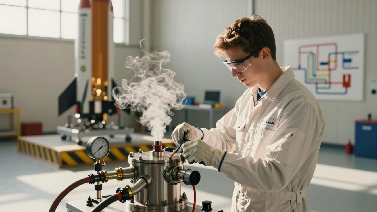 Cientista em laboratório, trabalhando com equipamento a vapor. Está a usar óculos de proteção e luvas.