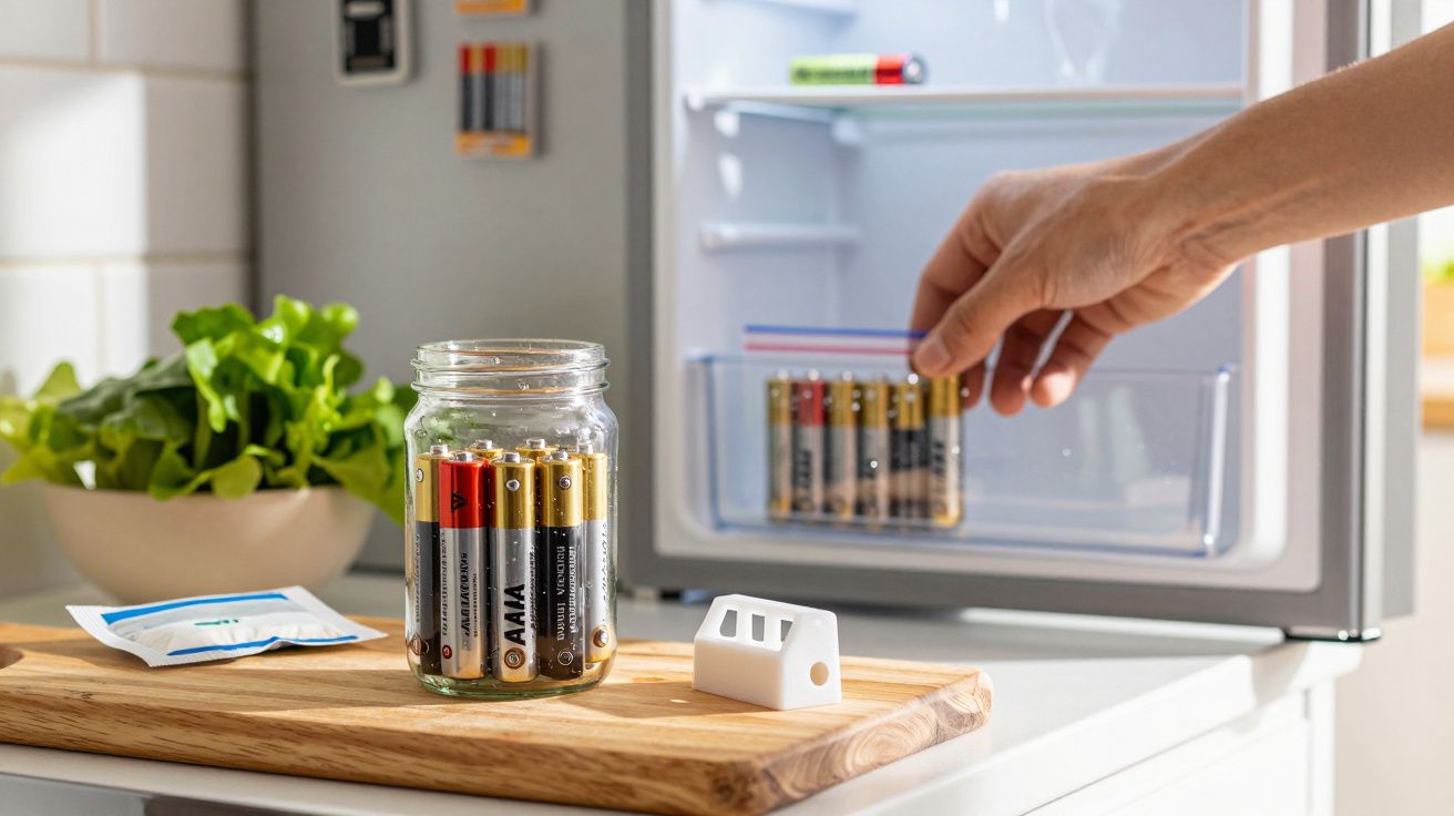 Mão a colocar pilhas num saco no frigorífico; jarro com pilhas sobre tábua de madeira ao lado de alface.