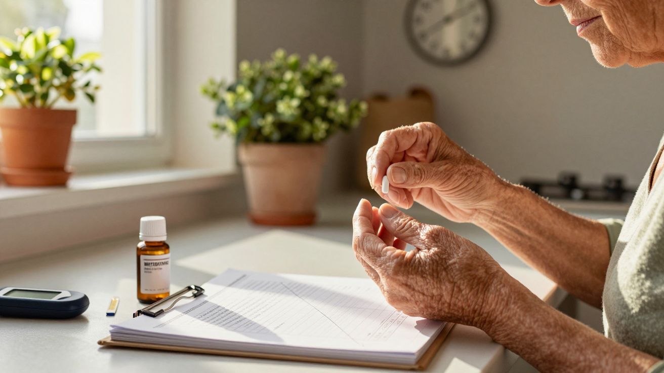 Pessoa idosa segura comprimido ao lado de frasco de medicamento, com plantas e relógio em segundo plano.