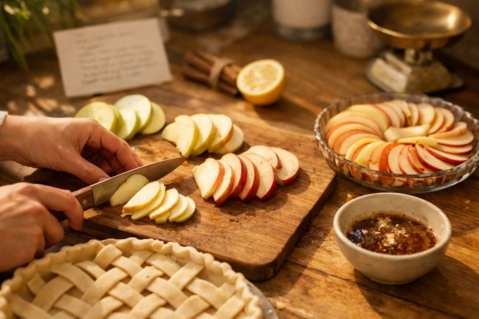 Mãos arrumam maçãs em tábua de madeira. Perto, limões, tarte e caderno numa cozinha iluminada.