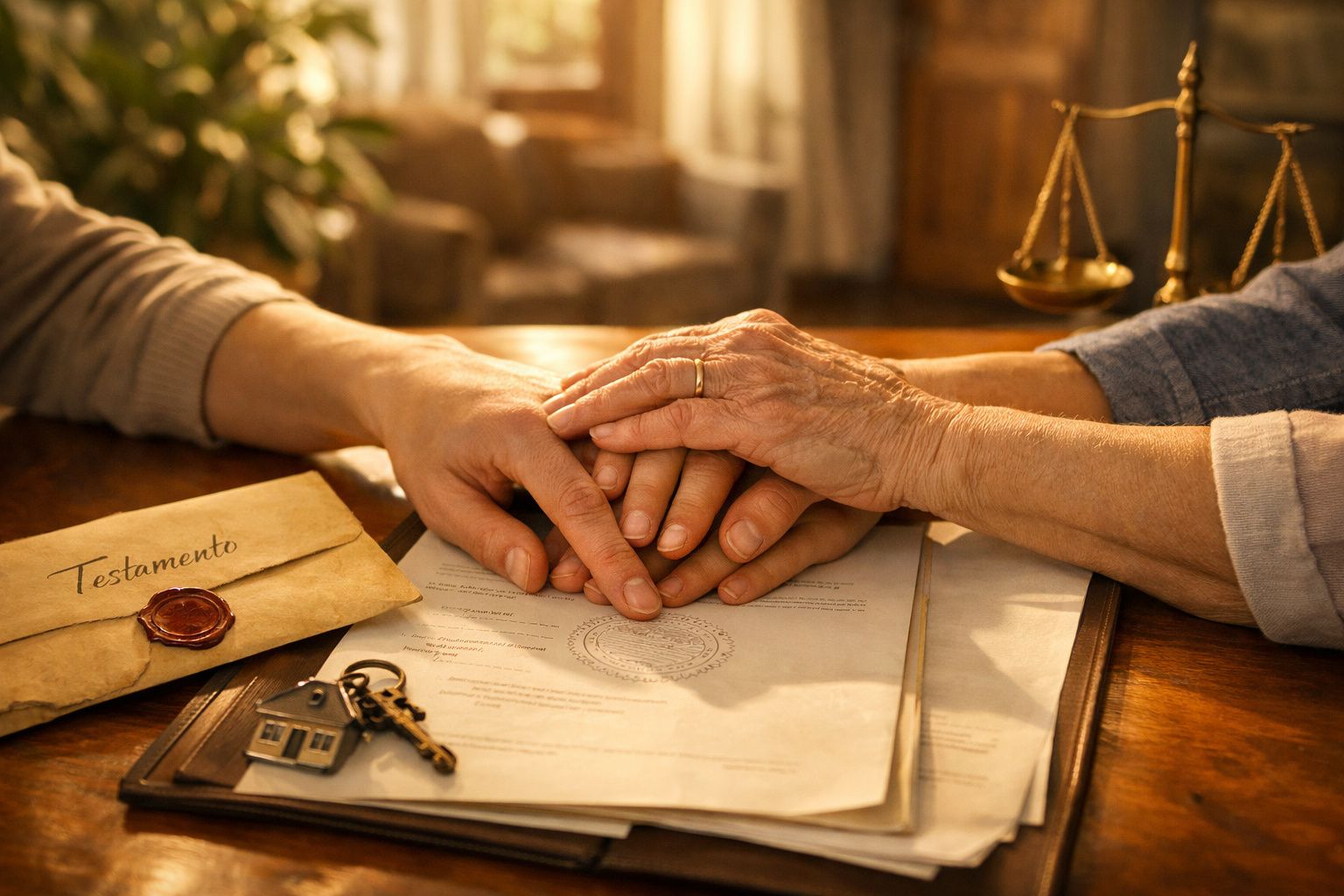 Três pessoas revisam documentos antigos e firmam um contrato numa mesa, adornada com um carimbo e caixas de anéis.