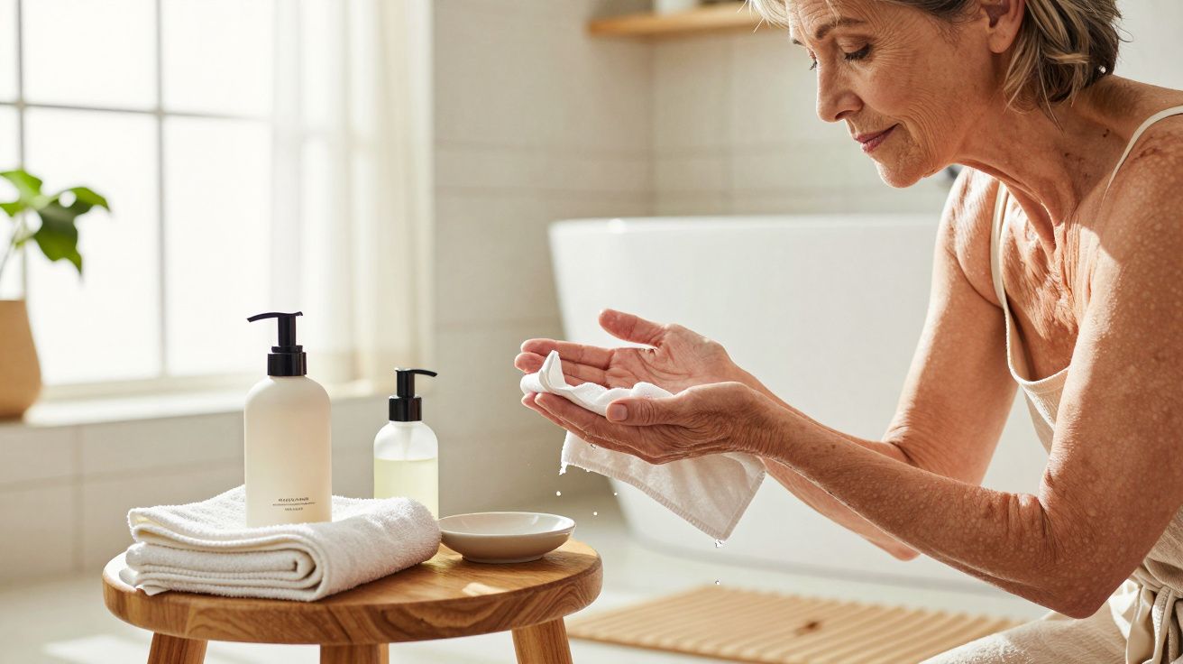 Mulher madura utilizando produtos de cuidado da pele no banheiro iluminado por luz natural.