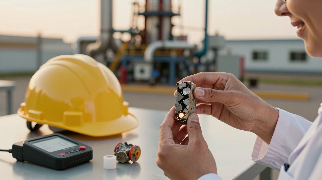 Pessoa analisa amostra com capacete de segurança amarelo e dispositivo de medição em mesa, fundo industrial.
