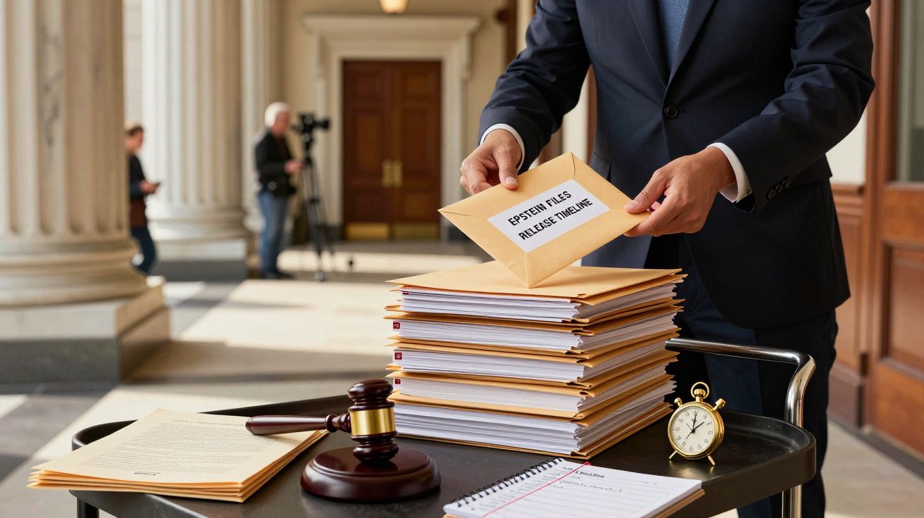 Homem em fato com envelope, gavel, relógio e pilha de arquivos na mesa, em frente de edifício com colunas.