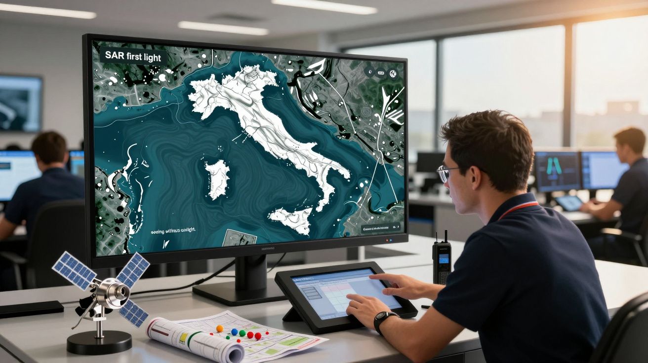 Homem a analisar mapa da Itália em ecrã de computador numa sala de monitorização, com satélite e documentos na mesa.