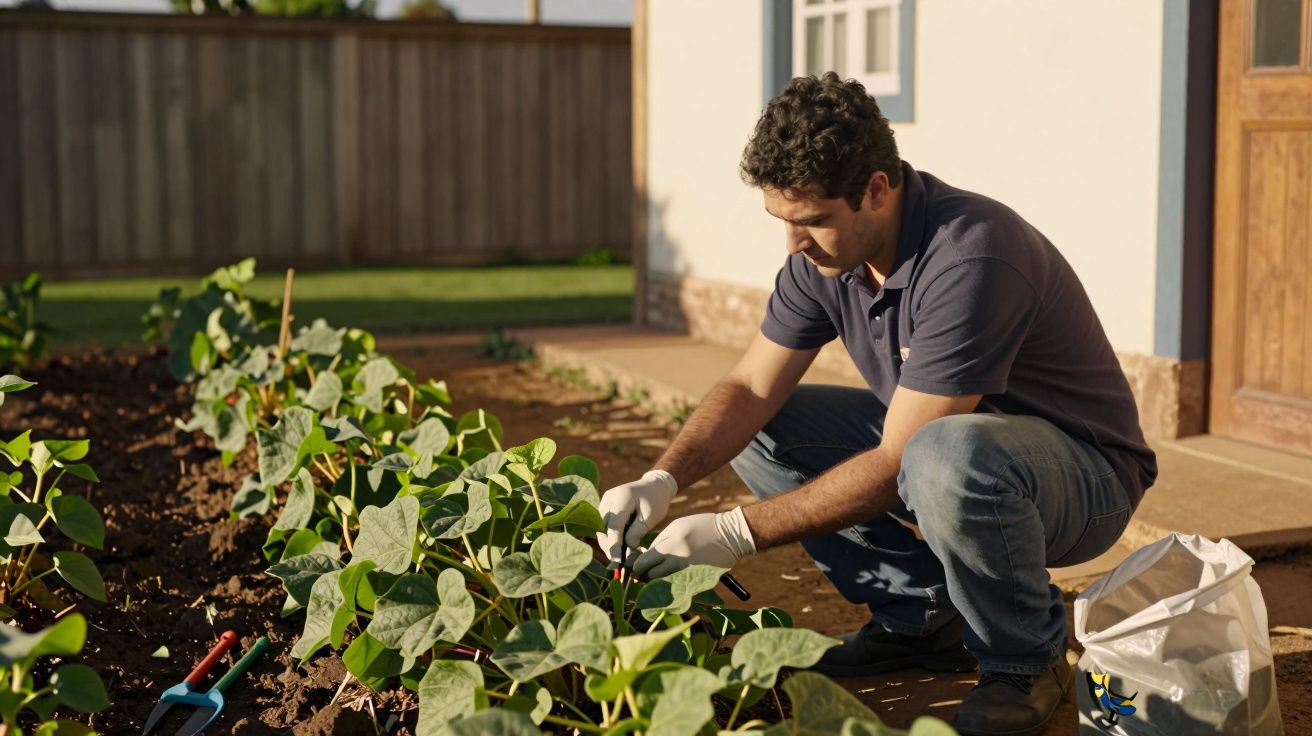 Homem ajoelhado a cuidar de plantas num jardim, usando luvas, ao lado de uma casa e ferramentas de jardinagem ao sol.