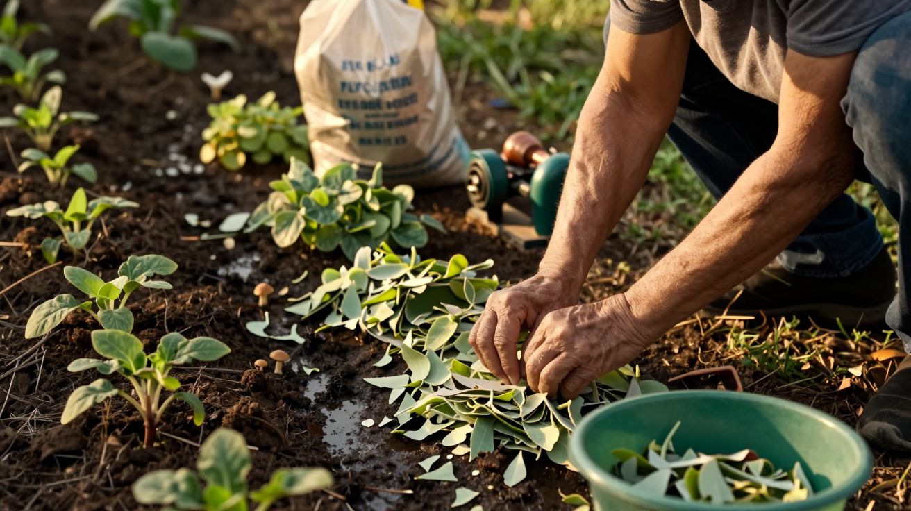 Pessoa plantando mudas em canteiro de terra, com luvas e balde verde ao lado.
