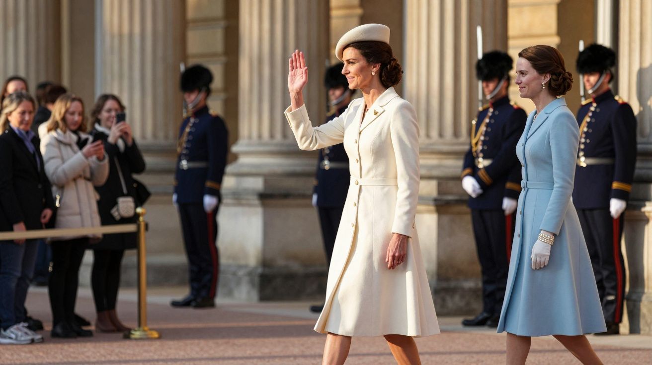 Mulher de vestido claro acena, acompanhada por outra, com guardas ao fundo numa cerimónia formal.