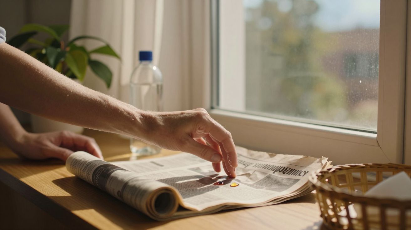 Mão de pessoa pega comprimidos sobre jornal em mesa de madeira ao lado de janela com luz natural.