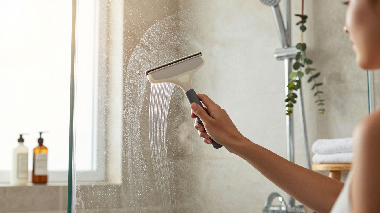 Pessoa a limpar vidro do duche com um rodo num banheiro com frascos de sabonete e plantas penduradas.