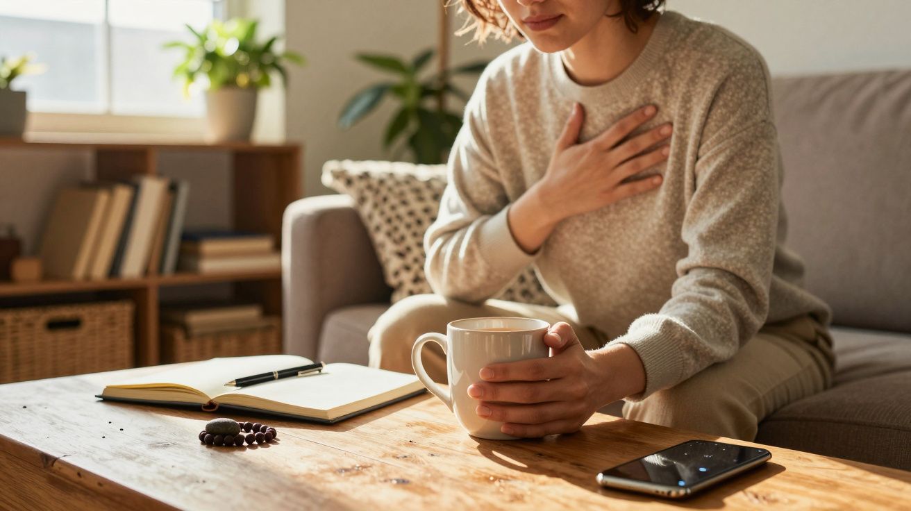 Mulher sentada no sofá com uma mão no peito, segurando uma chávena. Mesa com caderno, caneta e telemóvel à frente.