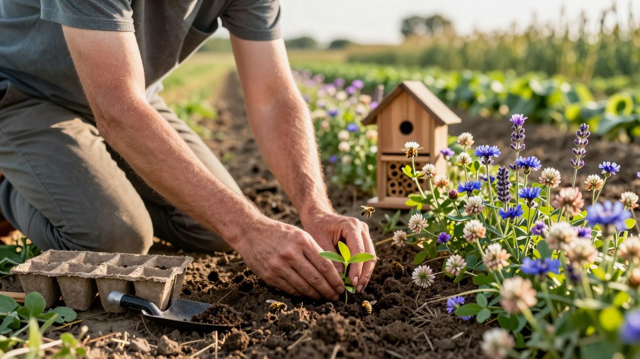 Pessoa plantando muda num campo entre flores coloridas e uma pequena casa de madeira para insetos.