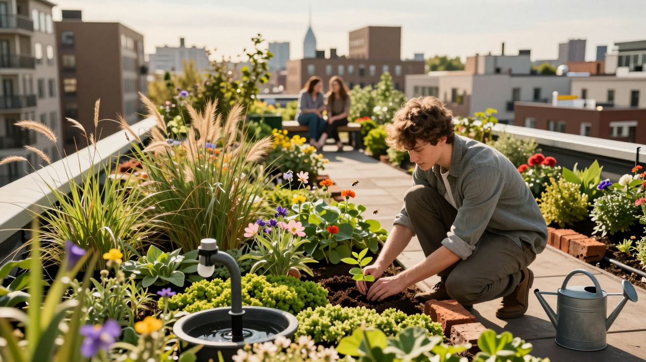 Pessoa a cultivar plantas num jardim urbano num telhado, com edifícios ao fundo. Duas pessoas conversam sentadas.