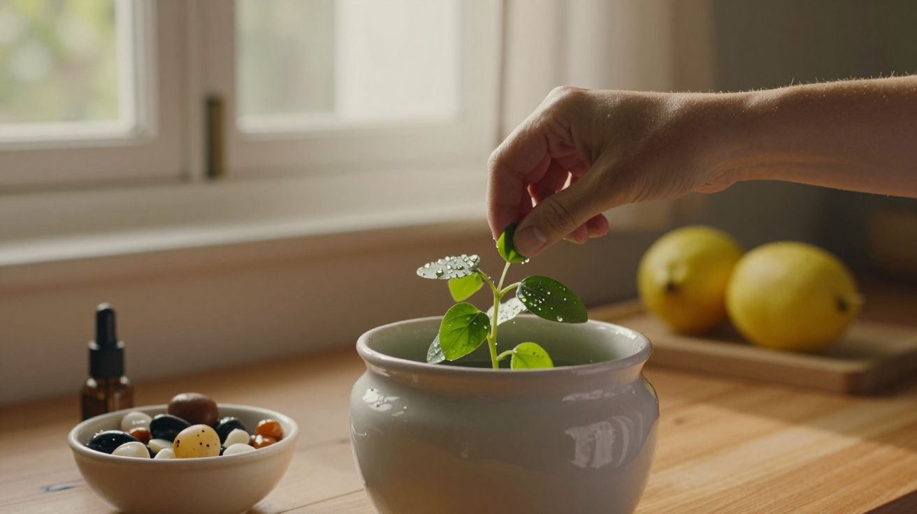 Mão cuida de planta em vaso branco num balcão de madeira, com limões e frascos ao fundo.