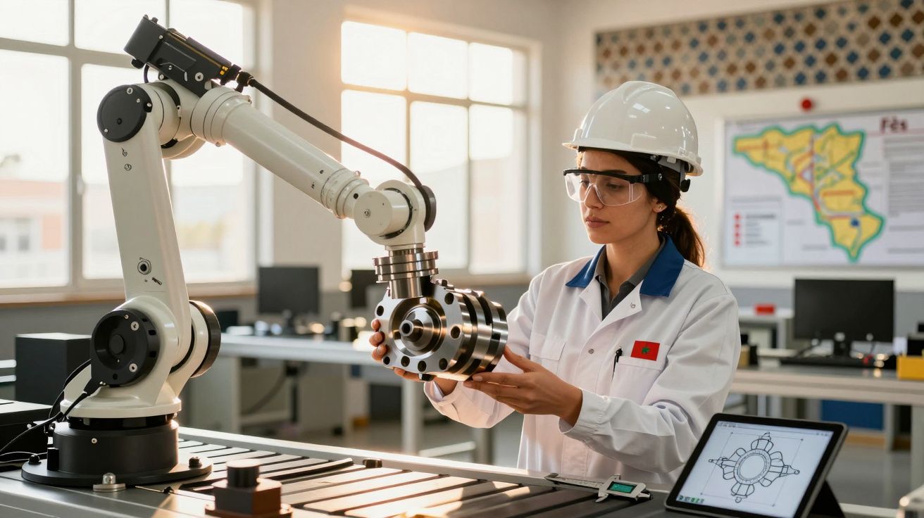 Engenheira com capacete analisa componente robótico em laboratório industrial moderno.