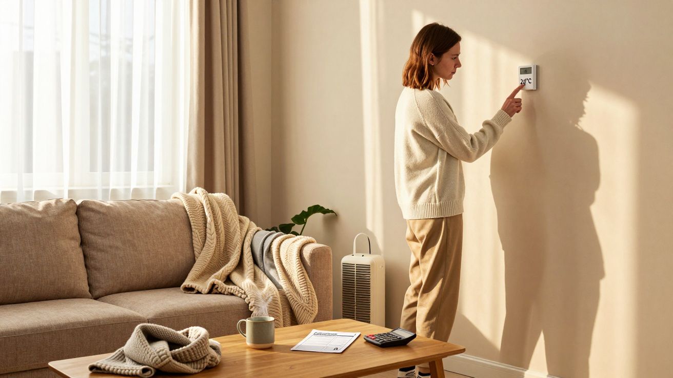 Mulher ajusta termostato numa sala de estar aconchegante com sofá, manta, mesa de café e luz suave entrando pela janela.