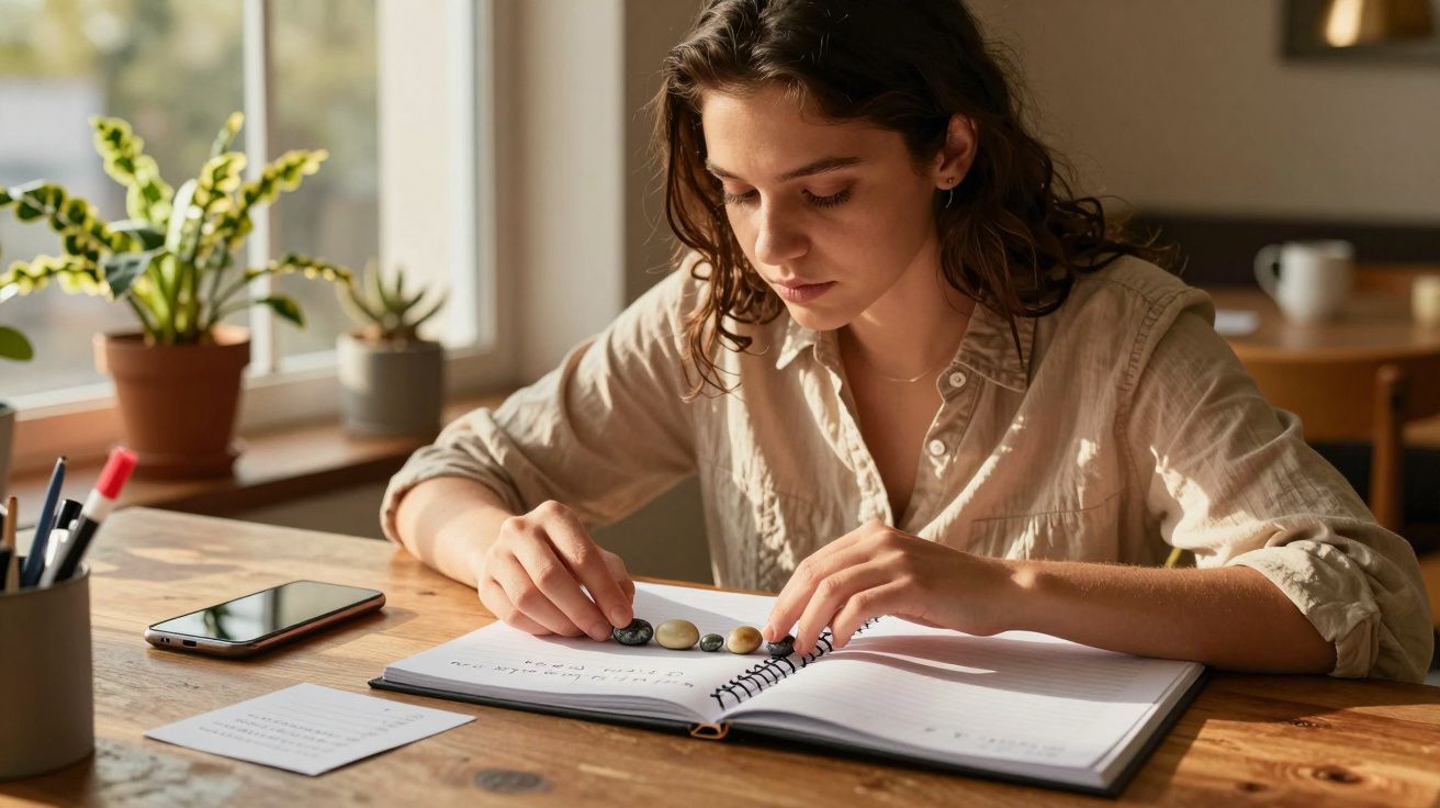 Mulher concentra-se num livro, organizando pedras sobre a mesa de madeira; plantas e telemóvel ao lado.