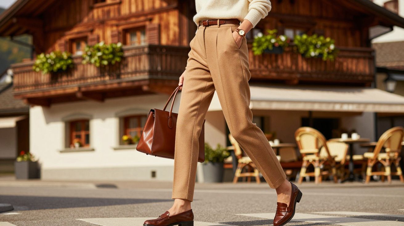 Pessoa com calças bege e sapatos castanhos a atravessar rua, segurando mala. Casa de madeira ao fundo.