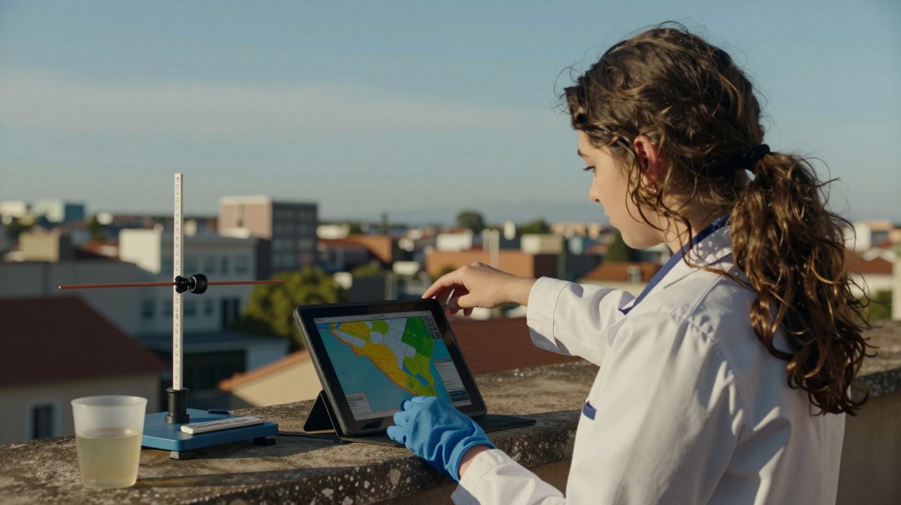 Jovem cientista com tablet e equipamento meteorológico num terraço, analisando dados climáticos.