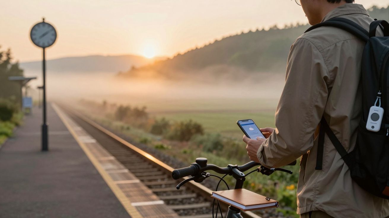 Homem junto a uma bicicleta numa estação de comboios ao amanhecer, verificando o telemóvel com o sol nascente ao fundo.