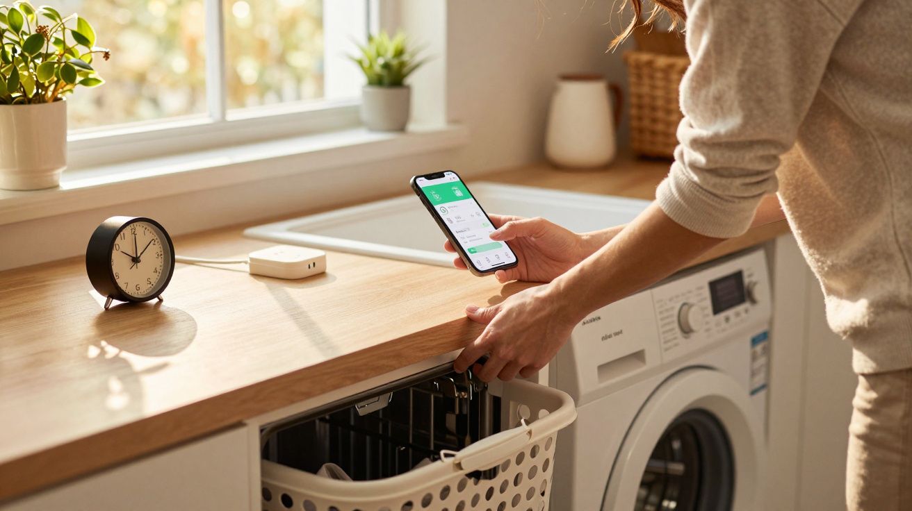 Pessoa usando smartphone em frente a máquina de lavar roupa, com relógio e plantas na bancada da cozinha.