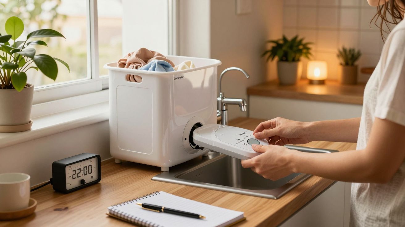 Mulher usa mini máquina de lavar roupa em bancada da cozinha, com plantas e relógio ao fundo.