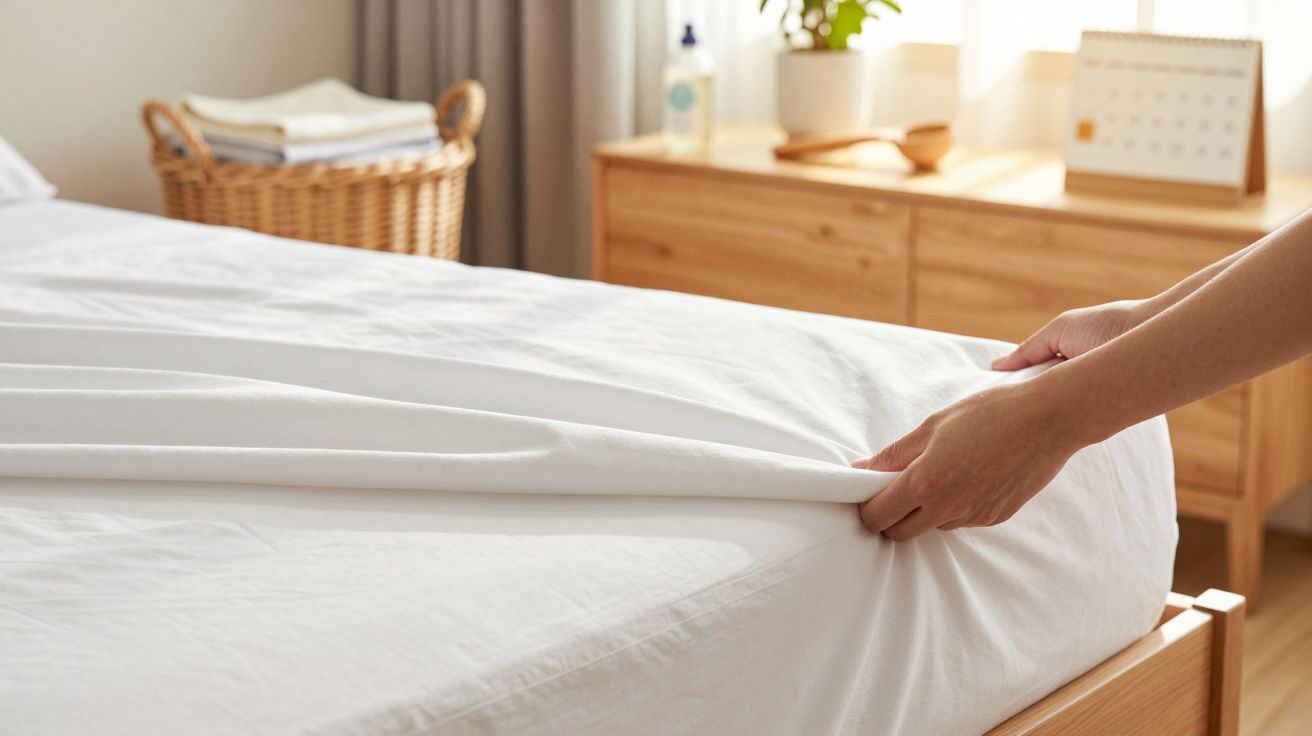 Mãos a fazer uma cama, ajustando um lençol branco sobre um colchão. Cesto de roupa e cómoda de madeira visíveis ao fundo.