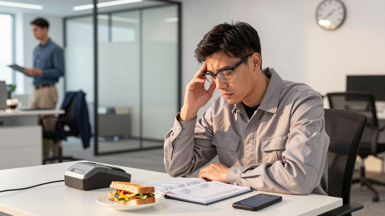Homem concentrado trabalhando num escritório com um sanduíche sobre a mesa e outro homem ao fundo.