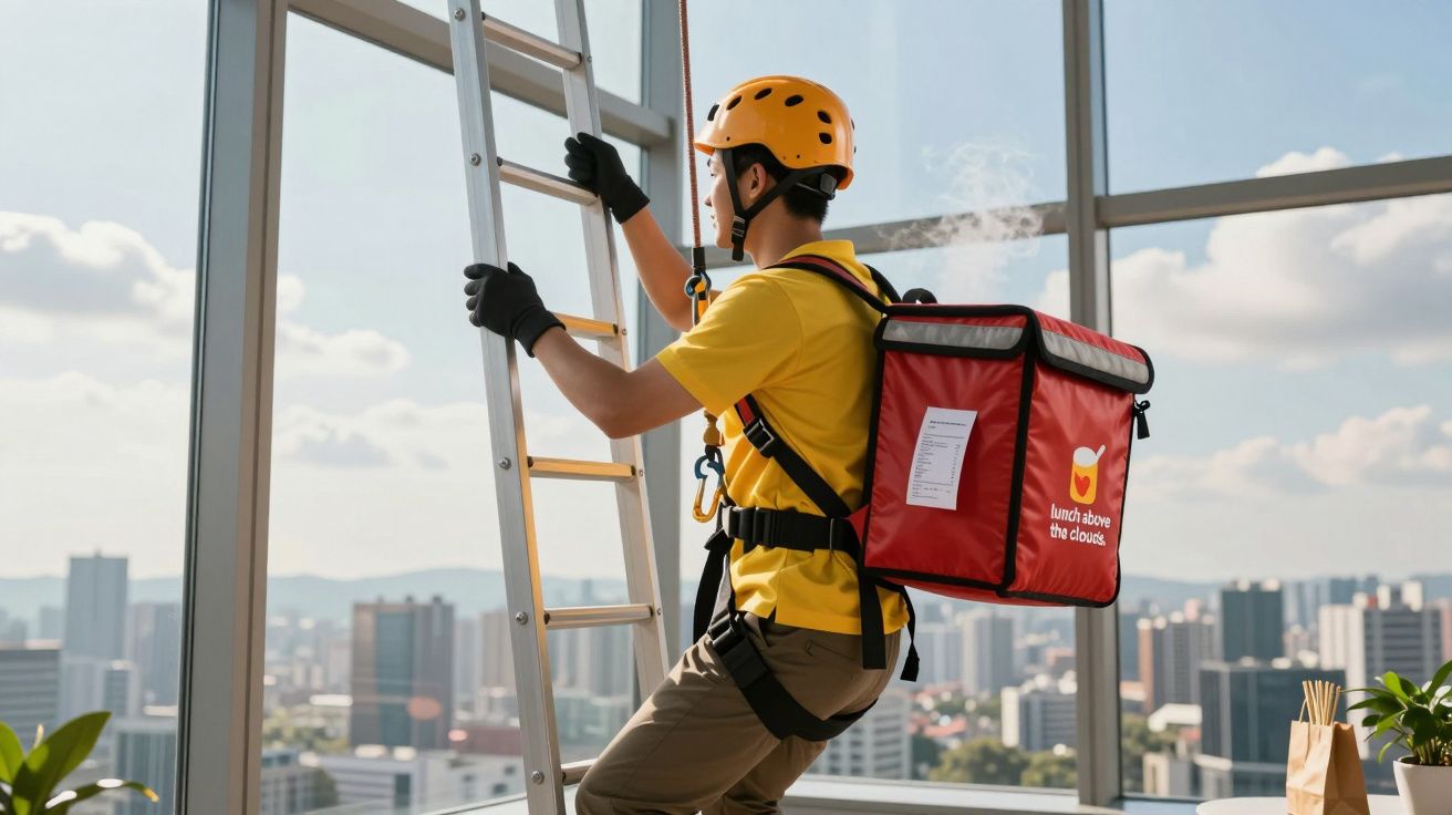 Entregador de comida com capacete e mochila vermelha sobe escada num edifício alto, vista da cidade ao fundo.