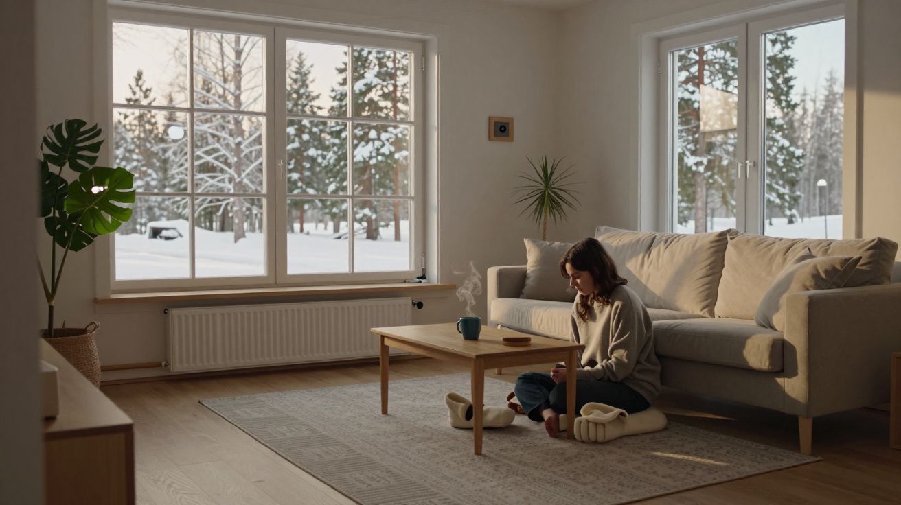 Sala de estar aconchegante com janela ampla e neve lá fora. Pessoa sentada no sofá com chá e portátil sobre a mesa.