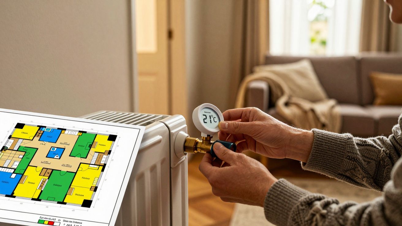 Pessoa ajusta termostato do aquecedor, que mostra 21°C, com planta de piso colorida ao lado em sala acolhedora.