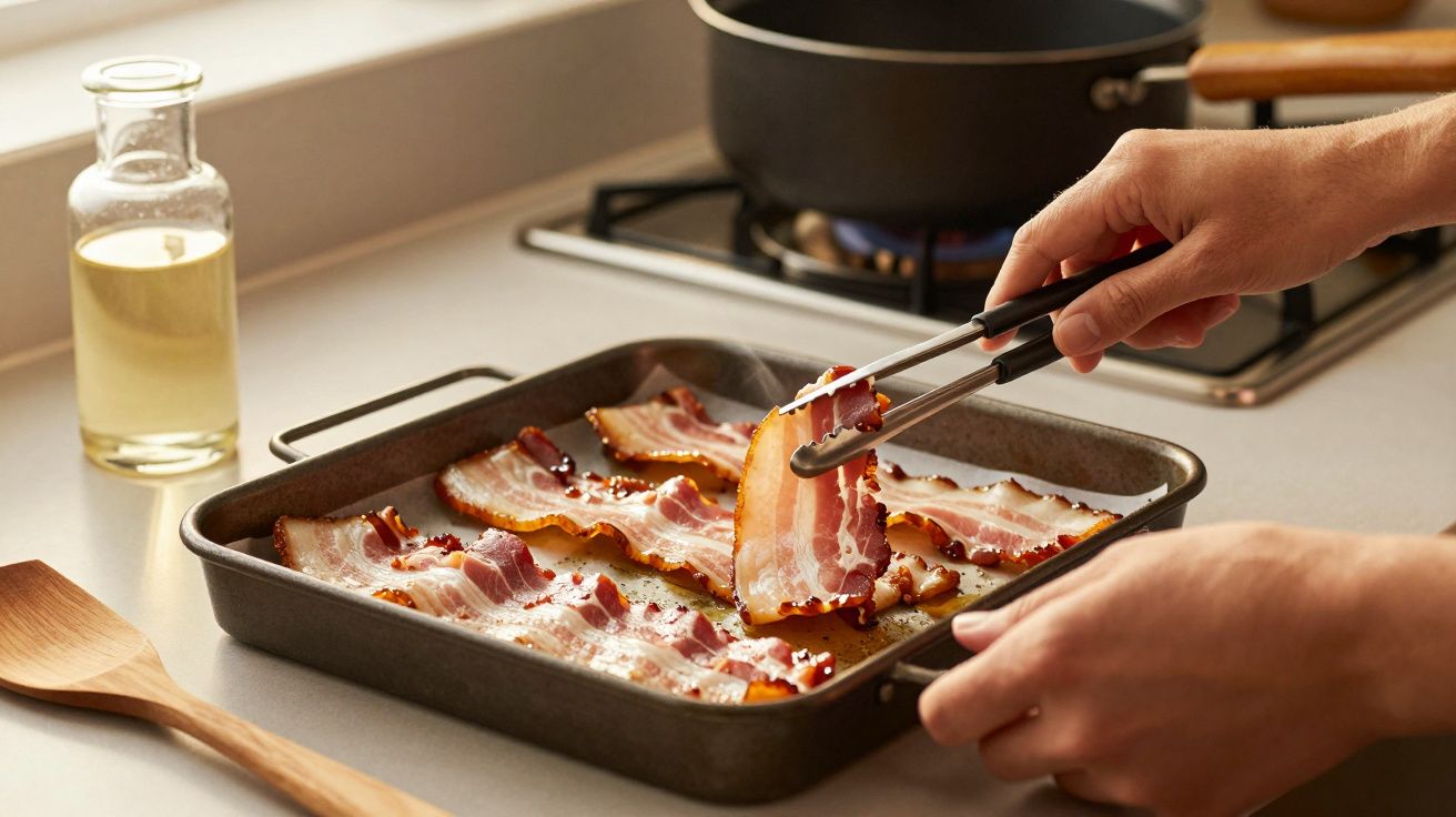Pessoa a cozinhar bacon numa assadeira no fogão, com óleo ao lado e utensílios de madeira.