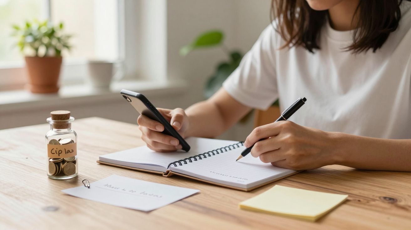 Mulher escreve em bloco de notas enquanto usa smartphone, ao lado de frasco rotulado "Gorjetas" e plantas numa mesa.