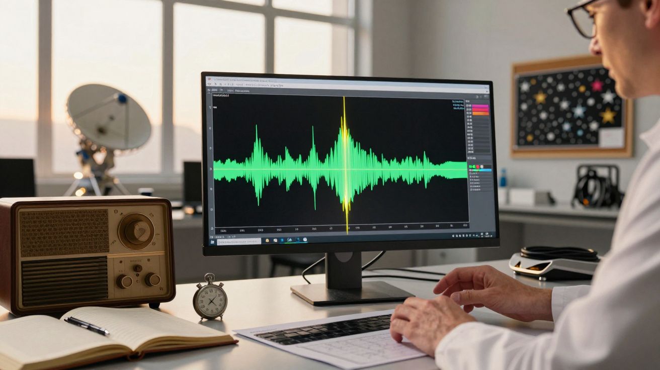 Pessoa analisa formas de onda verdes num monitor de computador sobre uma secretária com rádio vintage e caderno.