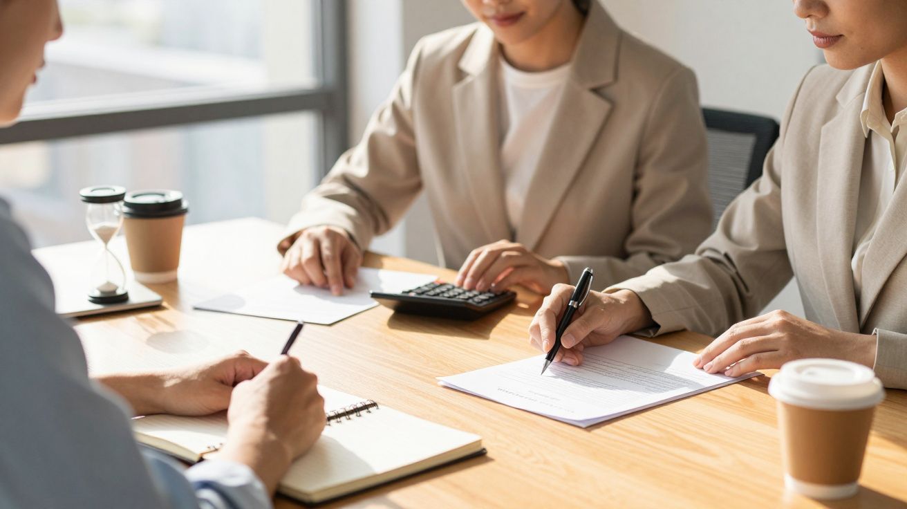 Três pessoas a trabalhar numa mesa com papéis, bloco de notas e calculadora, num ambiente de escritório com café.