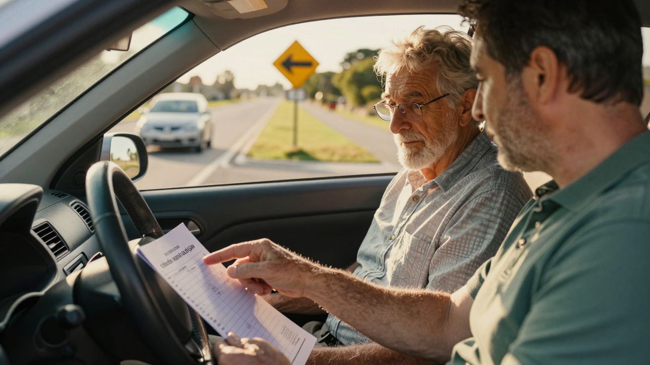 Dois homens sentados num carro, observando e discutindo um documento, numa estrada com sinalização de curva à frente.