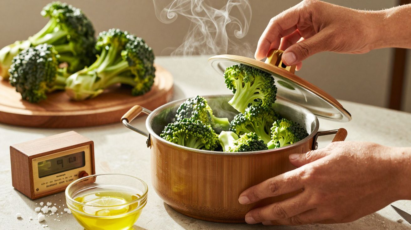 Mãos levantam tampa de panela a vapor, revelando brócolos, com relogio e azeite ao lado, brócolos frescos ao fundo.