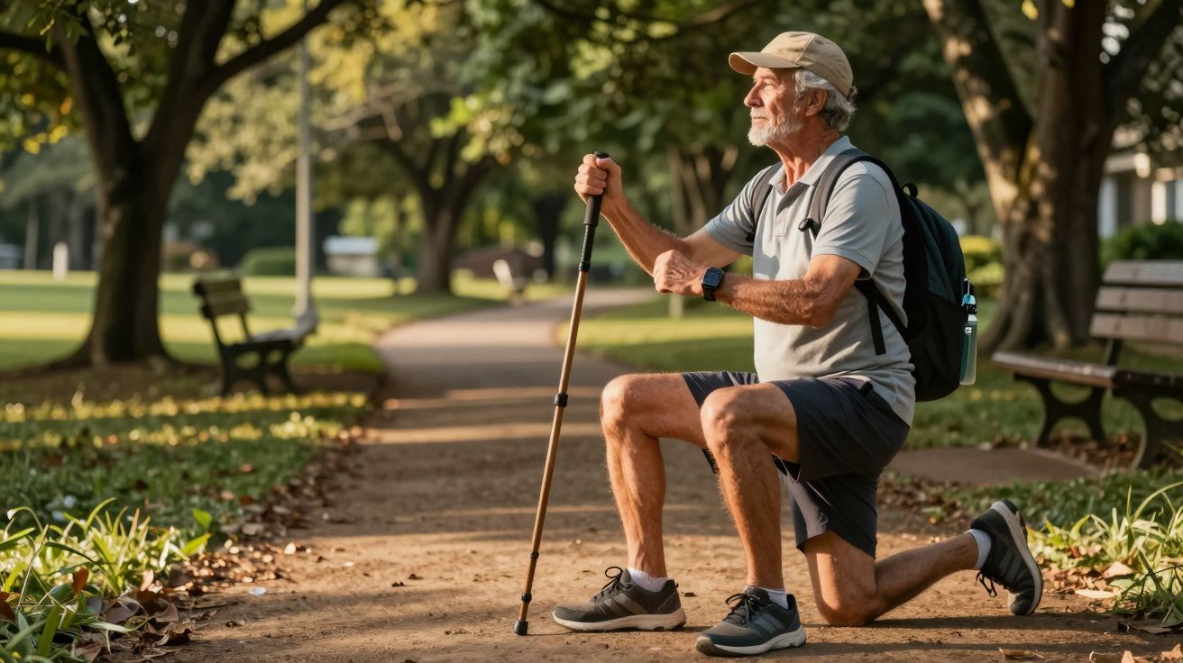 Homem idoso com mochila e bastão de caminhada ajoelhado num caminho de parque arborizado.