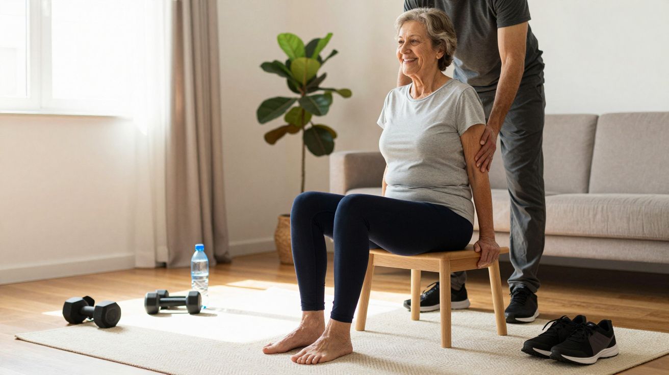 Mulher idosa faz exercício em casa com apoio, sentada numa cadeira. Pesos, garrafa de água e ténis no tapete.