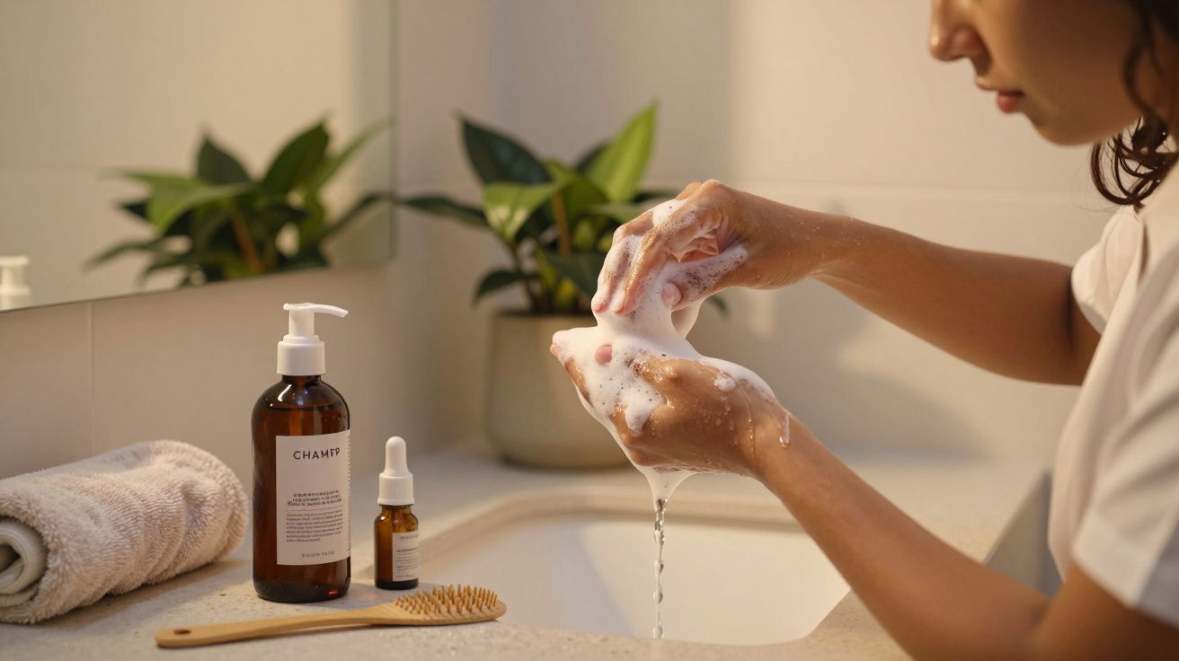 Pessoa a lavar as mãos com espuma numa casa de banho, com produtos de higiene e toalha ao lado da pia.