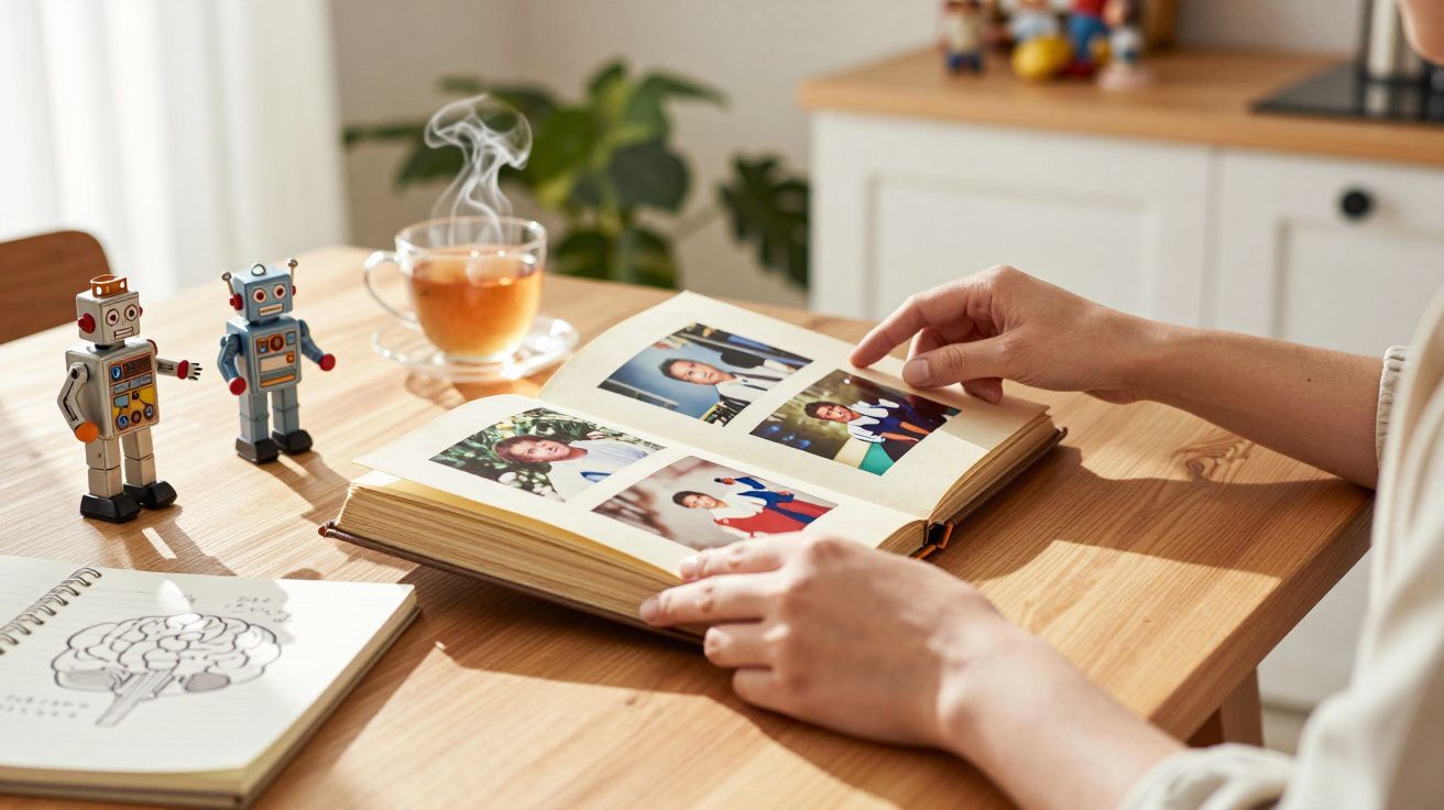Pessoa folheia álbum de fotos numa mesa de madeira com chá fumegante, caderno e dois robôs de brinquedo.