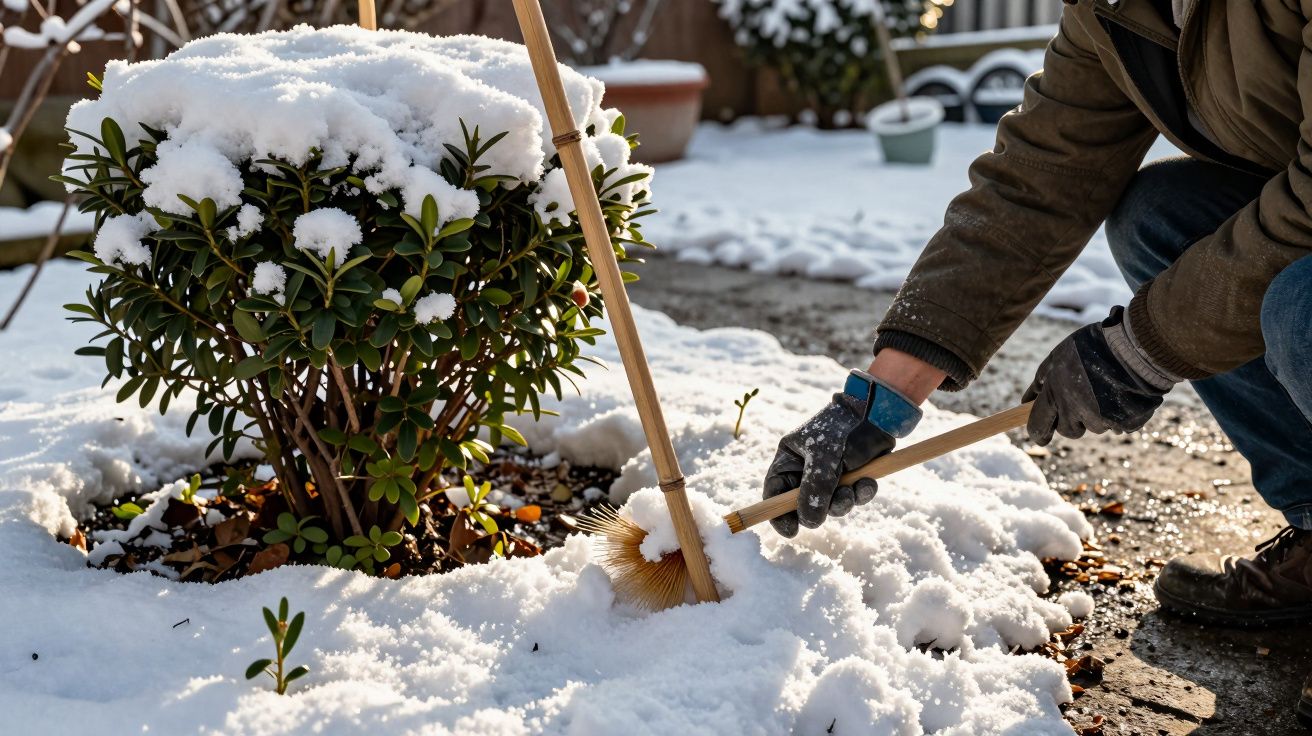 Pessoa a varrer neve de uma planta coberta de neve no jardim.