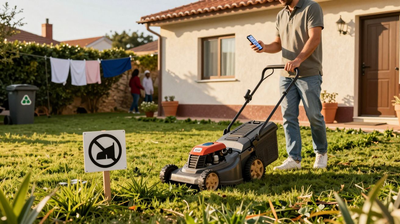 Homem corta relva com máquina automática, segurando telemóvel, num jardim com roupas a secar e sinal de proibido cães.
