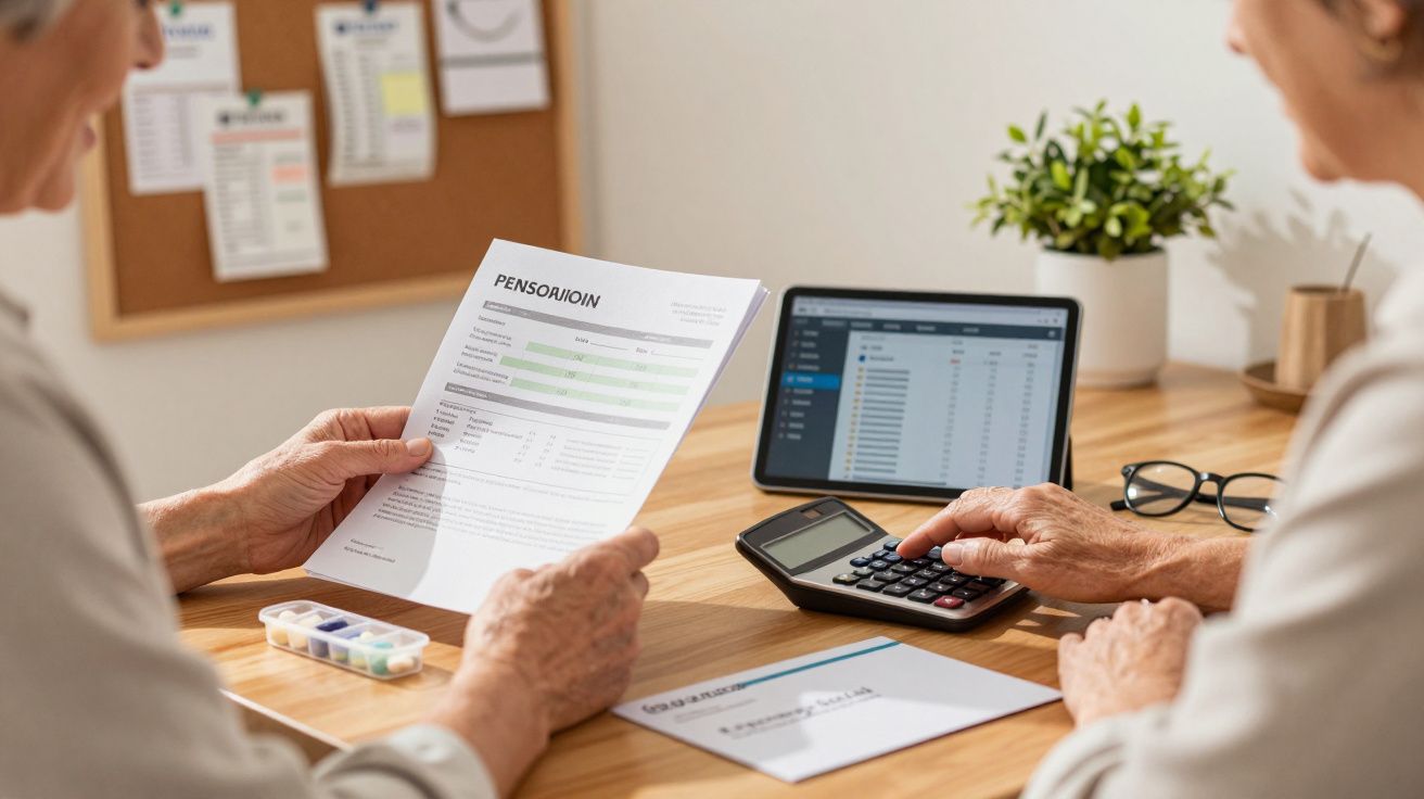 Dois idosos revisam documentos de pensão com calculadora, comprimidos e portátil sobre a mesa de madeira.
