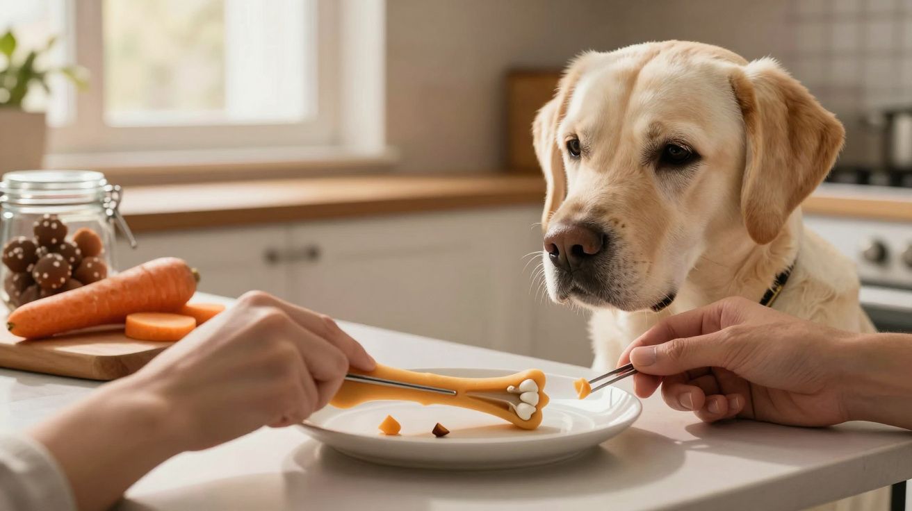 Cão Labrador observa comida num prato em forma de osso, com pessoas a segurar talheres, numa cozinha.