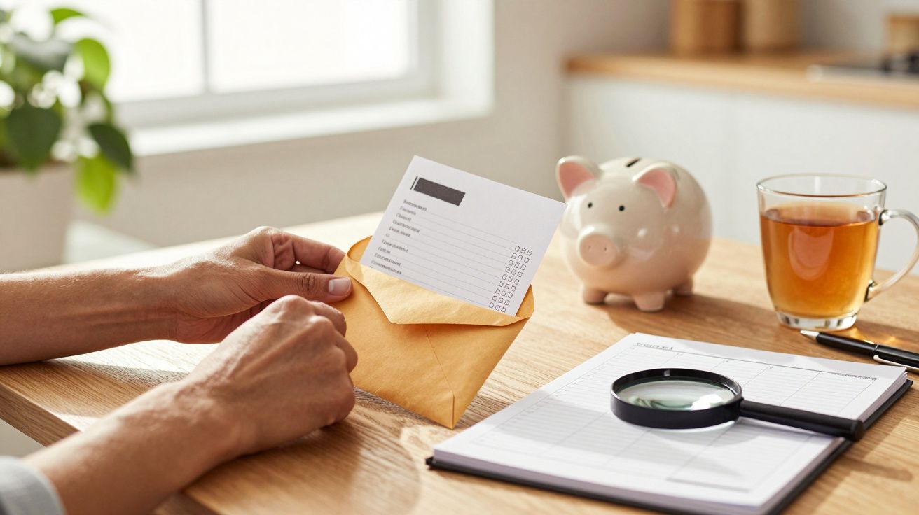 Mãos seguram um envelope com folhas, ao lado de um porquinho mealheiro e chá sobre a mesa.