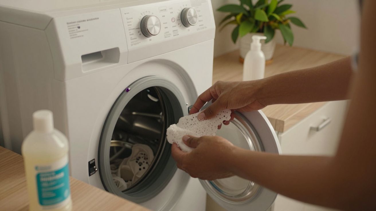 Pessoa coloca roupa na máquina de lavar numa lavandaria com plantas ao fundo.