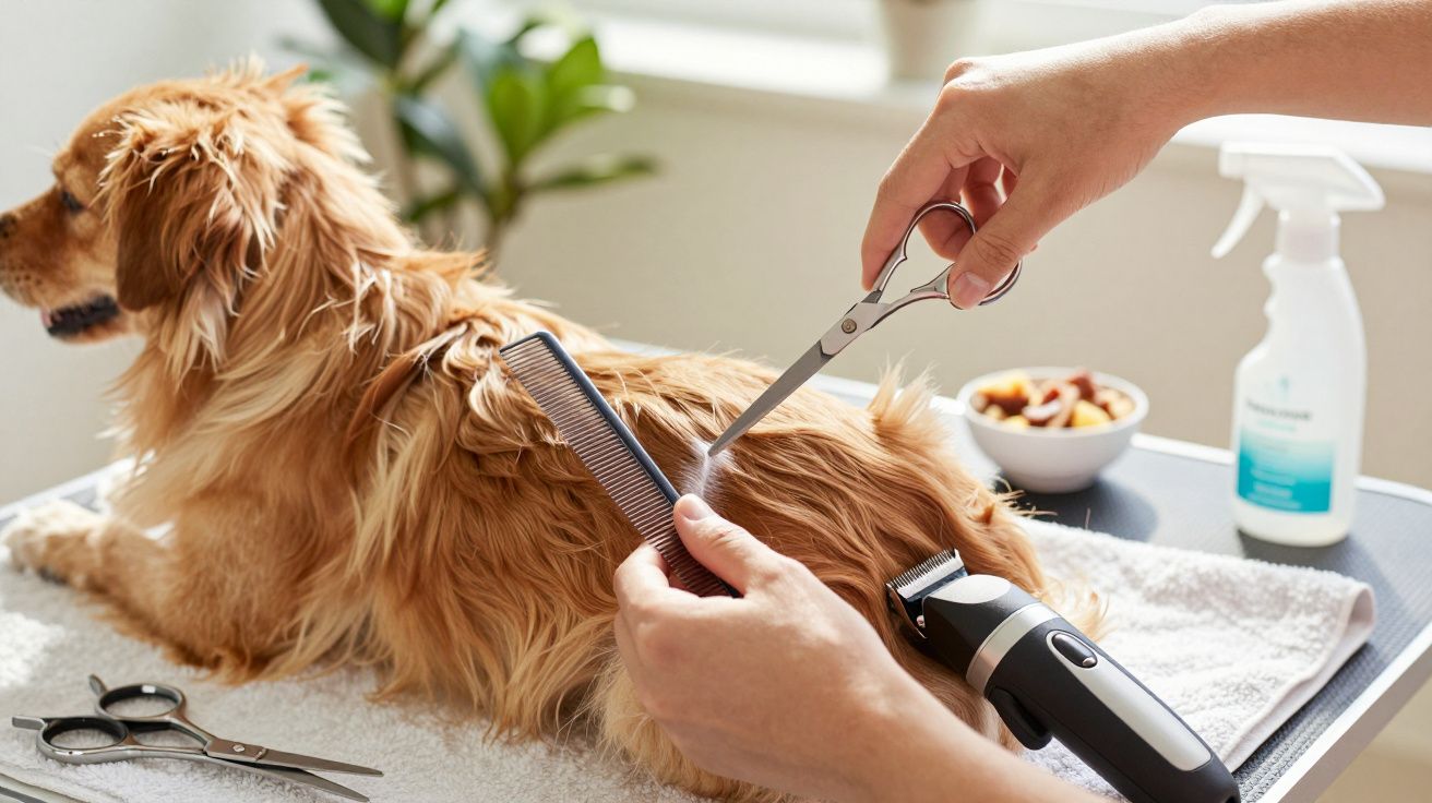 Cão castanho a ser tosquiado numa mesa; mãos seguram uma tesoura e um pente.