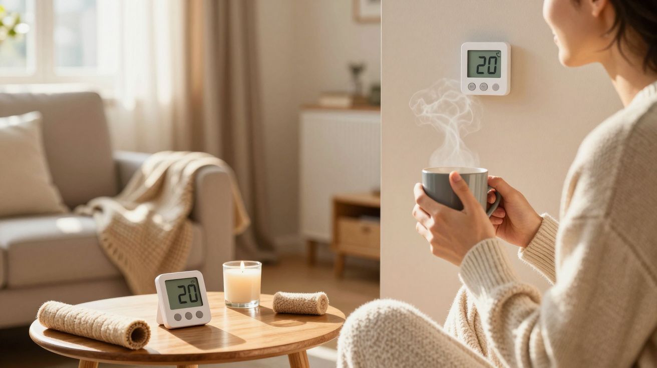 Mulher segurando chá quentinho numa sala moderna com termostato mostrando 20 graus.