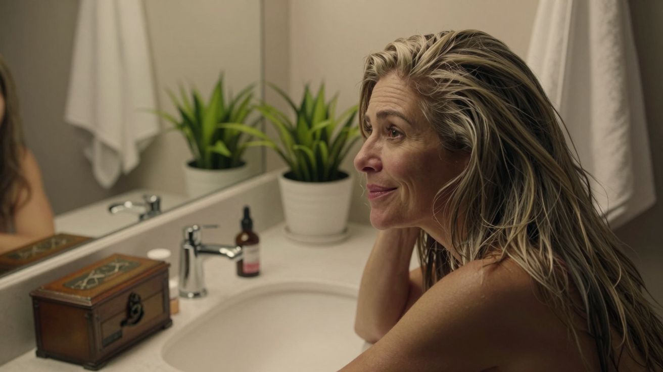 Mulher loura sorridente em frente a espelho numa casa de banho, com plantas e caixa decorativa ao lado dela.